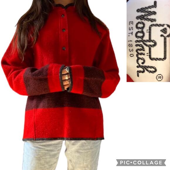 Vintage 70s Woolrich Red & black Wool Stripe Pullover, snap closing size small - Picture 1 of 9